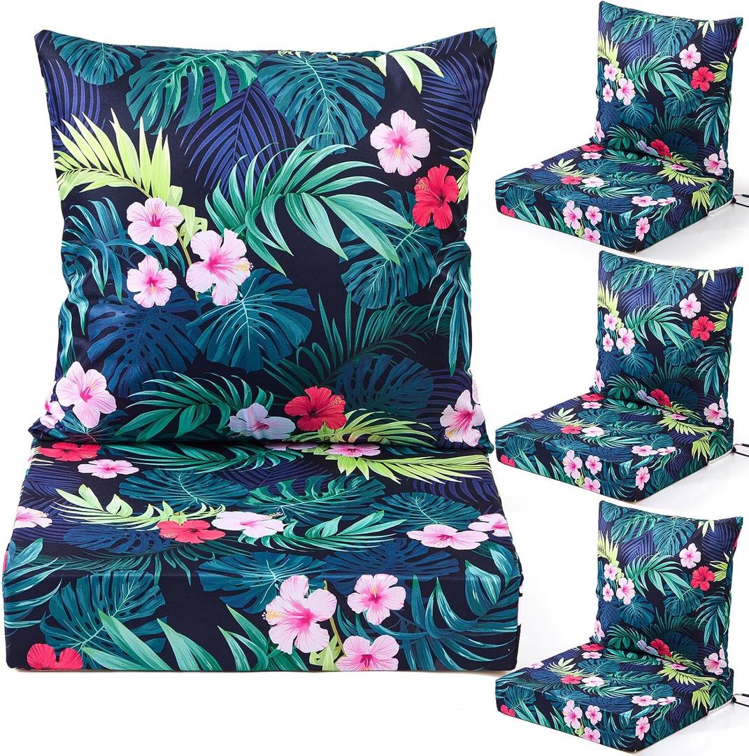 Hoteam 4 Set Outdoor Chair Patio Cushions 20 x 20 Inch Deep Seat Waterproof Chair Cushions for Patio Furniture Set Replacement Removable Seat and Back (Hawaiian Palm)