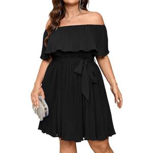 SCOMCHIC Women's Plus Size Cocktail Dress Off The Shoulder Flowy Pleated Wedding Guest Party Short Dress, Size XXL