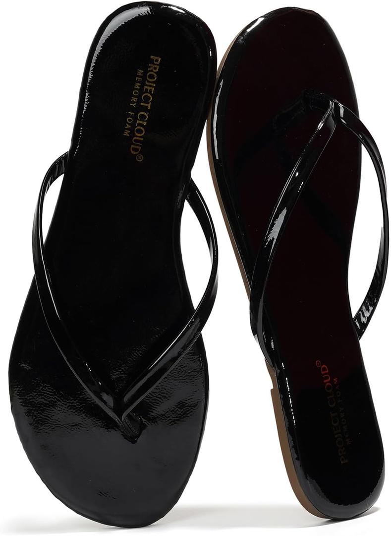 Project Cloud Flip Flops for Women - Memory Foam Flats Summer Sandals for Women 2025 - Vegan Leather Lightweight Womens Sandals Summer Beach Essentials Slides (Black)