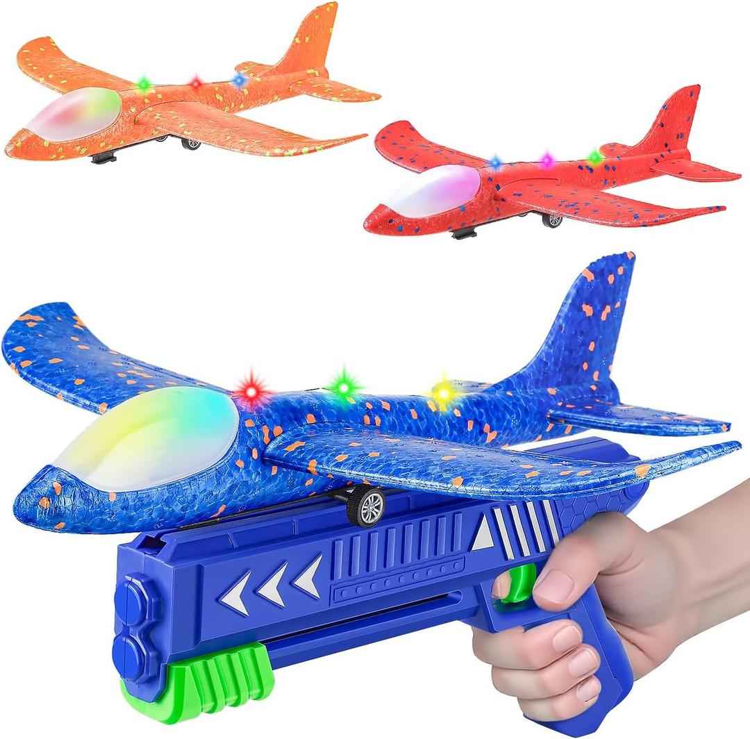SYHLN 3 Pack Airplane Launcher Toys for 4 5 6 7 8 Year Old Boys Gifts: Airplane Shooter with 3 LED Foam Glider Planes for Kids - Outdoor Flying Toys Boys Birthday Present Gifts Age 4 5 6 7 8 9 (Blue&Red&Orange)