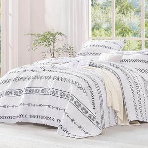 Andency White Quilts Queen Size, 3 Pieces Queen Quilt Bedding Set Boho Lightweight Soft Striped Bedspread for All Season (90"x96"), Printed Bohemian Polyester Reversible Coverlet Comoforter Sets