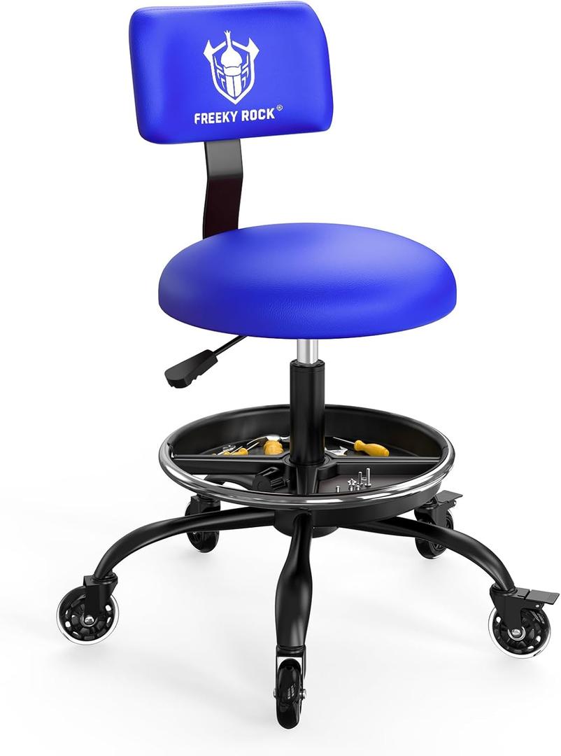 Rolling Shop Stool with Wheels, Garage Mechanic Stool Chair with Backrest, Height Adjustable Heavy Duty Swivel Task Chair, Adjustable Footrest with Storage Tray for Garage Kitchen Salon Tattoo (Blue)