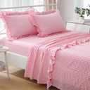 K MASANIJI Coral Pink White Plaid Ruffle Gingham Sheets Queen Size 2 Pcs, 300TC 100% Yarn Dyed Cotton Sheets Deep Pocket Farmhouse Plaid Decorative Bedding（Coral Pink/White Plaid, Queen)