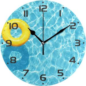 Blue Swimming Pool Wall Clock, Silent Non Ticking 10 Inch Battery Operated Wall Clocks, Easy to Read Clock for Home Kitchen Living Room Bathroom Office Decor