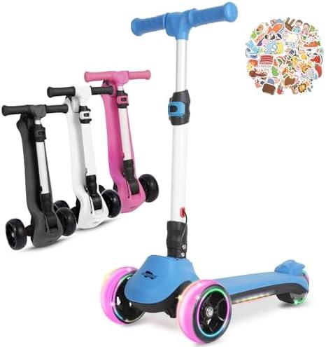 3 Wheel Electric Scooter for Kids, Folding Kick Scooter w/150W Motor, Thumb Accelerator, 3 Adjustable Height, 5Mph Speed, Flashing Wheels & Deck, Sticker, Self-Balancing Toys for Boys, Girls