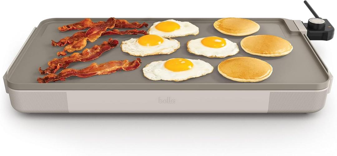 bella 12" x 22" Electric Griddle with EverGood Ceramic Nonstick Coating, Removable Temperature Probe, Dishwasher-Safe Drip Tray & Cool Touch Handles, Cook up to 15 Eggs, 1500 Watt, Oatmilk