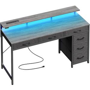 Huuger Gaming Desk with 6 Drawers, Computer Desk with LED Lights Power Outlets and Type-C, 47 Inch Office Desk with Storage, Monitor Stand, Writing Desk Work Desk for Home Office, Bedroom, Study, Grey
