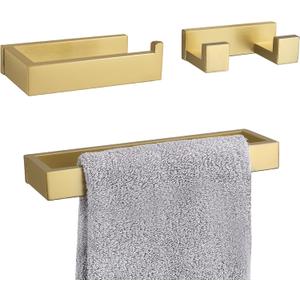3 Pieces Brushed Gold Bathroom Hardware Accessories Set,SUS304 Stainless Steel Towel Holder Set Towel Holder Robe Hook Toilet Paper Holder Wall Mounted