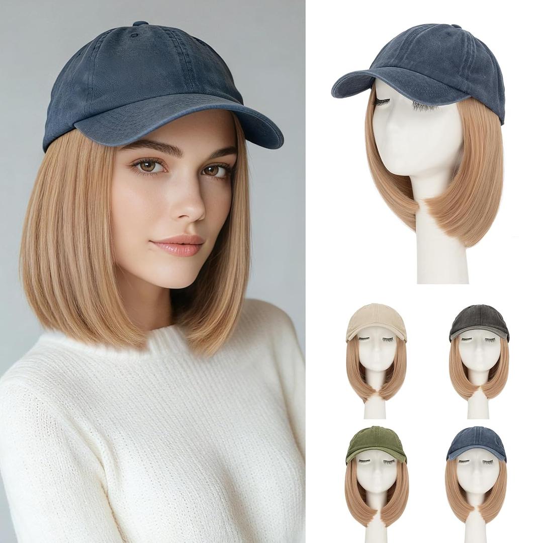 Rich Choices Hat Wigs for Women,Denim Blue Baseball Cap with Hair Extensions for Women,Short Bob Hairstyle Caps with Synthetic Hair Attached Adjustable Baseball Cap Wig 6 Inch Light Blonde Hair