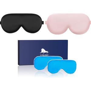 ALASKA BEAR Cooling Gel Eye Mask Weighted Silk Sleep Mask & Cotton Eyeshades Cold & Hot Compress for Pain Relief, 180g Heavy, 2 Set(Black & Pink)