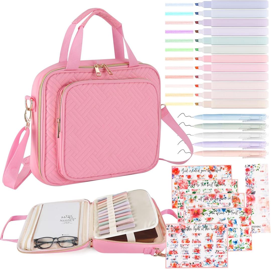 Bible Cover Case for Women, Large Bible Bag with Shoulder Strap, Bible Study Supplies Bible Journaling Kit with Bible Highlighters, Mothers Day Christian Gifts for Women, Pink