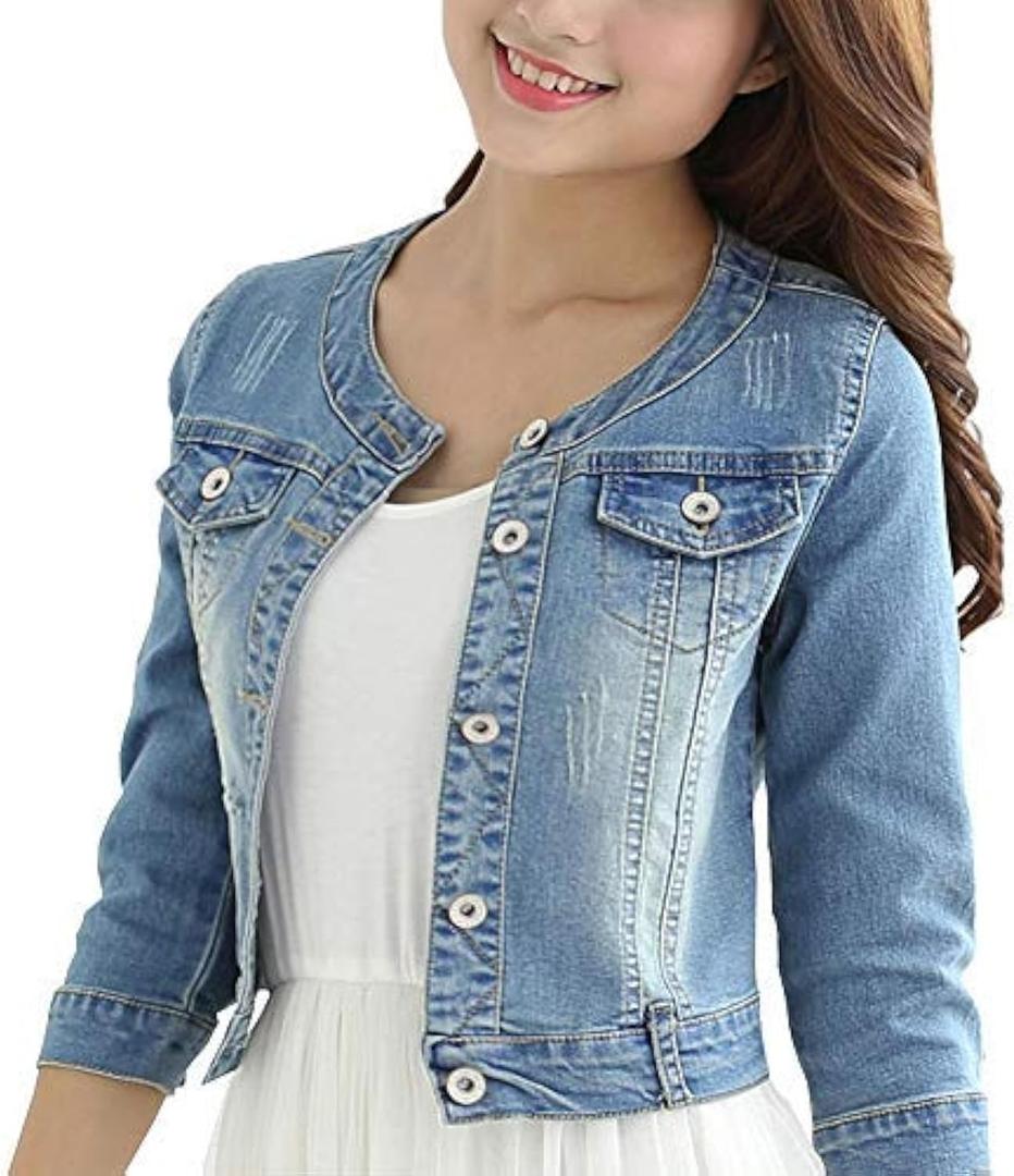 Women's Short Denim Jacket Round Neck Denim Three Quarter Sleeves Light Blue Jacket (Large Petite)