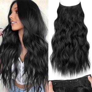 KooKaStyle Invisible Wire Hair Extensions with Transparent Headband Adjustable Size 4 Secure Clips Black Long Wavy Synthetic Hairpiece 20 Inch for Women