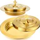 Zhehao 1 Plates Gold Communion Set, Holy Trays with Lid, Stainless Steel Bread Tray Plates for Churches, Holy Communion Tray with Cover, Polished Church Supplies Ware Sets