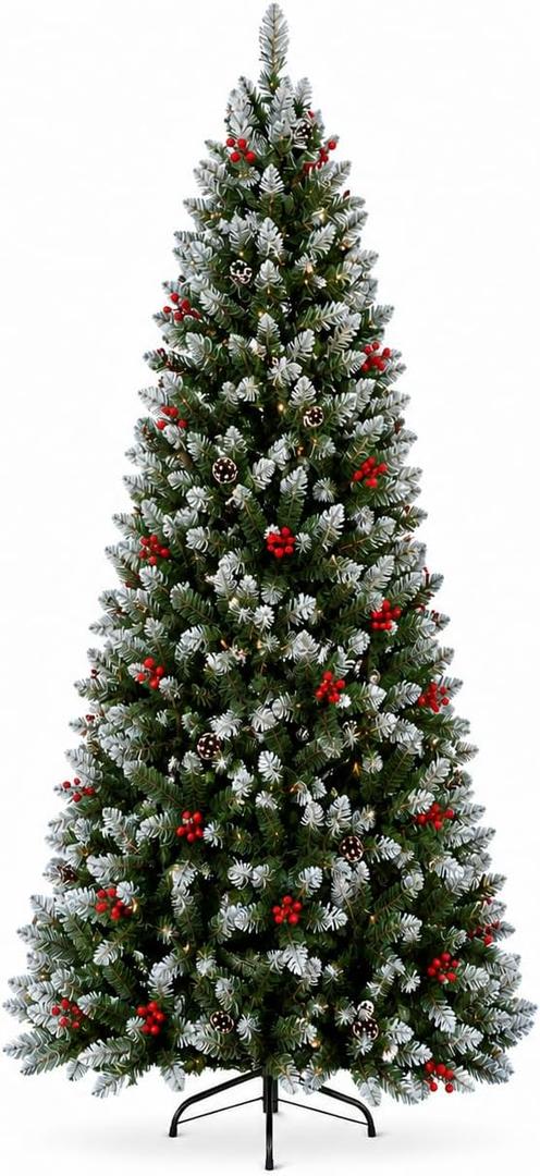 7FT Pre-Lit Artificial Christmas Tree, Snow Flocked Hinged Pine Tree with Warm White Lights, Red Berries & Pine Cones, Full Realistic Xmas Tree for Holiday Indoor Home Office Christmas Decorations