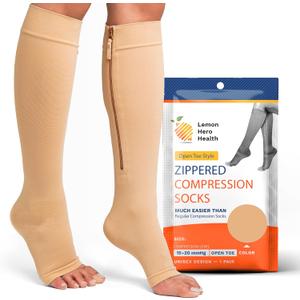 Lemon Hero Zipper Compression Socks 15-20 mmHg Open Toe, Medical Zip Up Compression Stockings for Women and Men - Improves Blood Circulation, Relieves Pain & Swelling (Large, Beige)