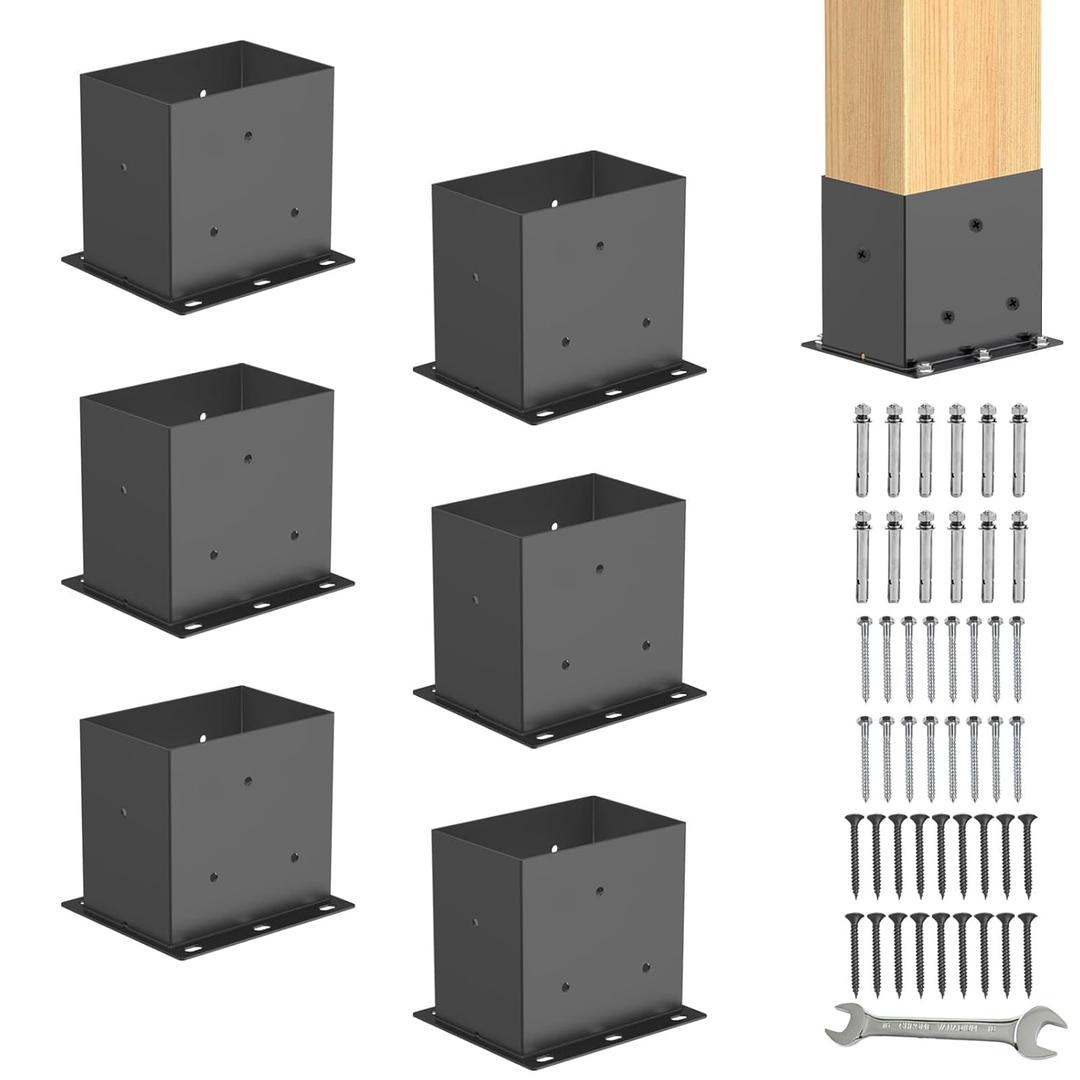 6 Pcs Post Base,4"x 6"Post Brackets(Acturl3.6 x5.6), Heavy Duty Black Metal Powder-Coated Thick Steel Post Anchor Outdoor for Support Deck Base Plate, Pergola Bracket Kit,Mialbox Post Mount