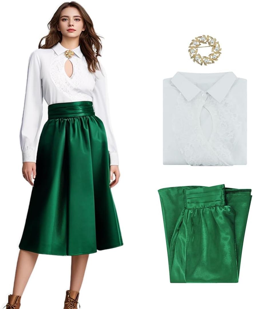 Ellen Costume Christmas Vacation Ellen Shirt Skirt Brooch Set Vintage Dress for Women (Large, Green)