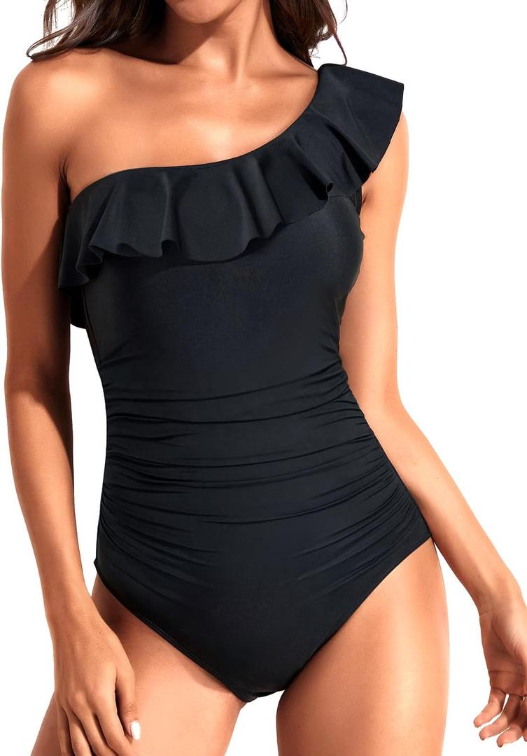 Tempt Me Women One Piece Swimsuits Tummy Control One Shoulder Bathing Suits Ruffle Swimwear (Black)