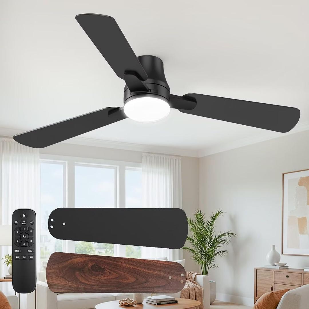 Ceiling Fans with Lights and Remote: 42 Inch Modern Black Ceiling Fan, Low Profile Flush Mount, Quiet Reversible DC Motor & 3CCT Dimmable LED for Bedroom Living Room Kitchen Indoor Outdoor