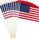 Anley Pack of 12 US National Stick Flag - 18" x 12" Handheld America Gravemarker Stick Flags - July 4th Decoration, Veteran Party, Grave Marker, etc. - 30" Solid Wooden Flag Pole with Spear Top (1 Dozen)