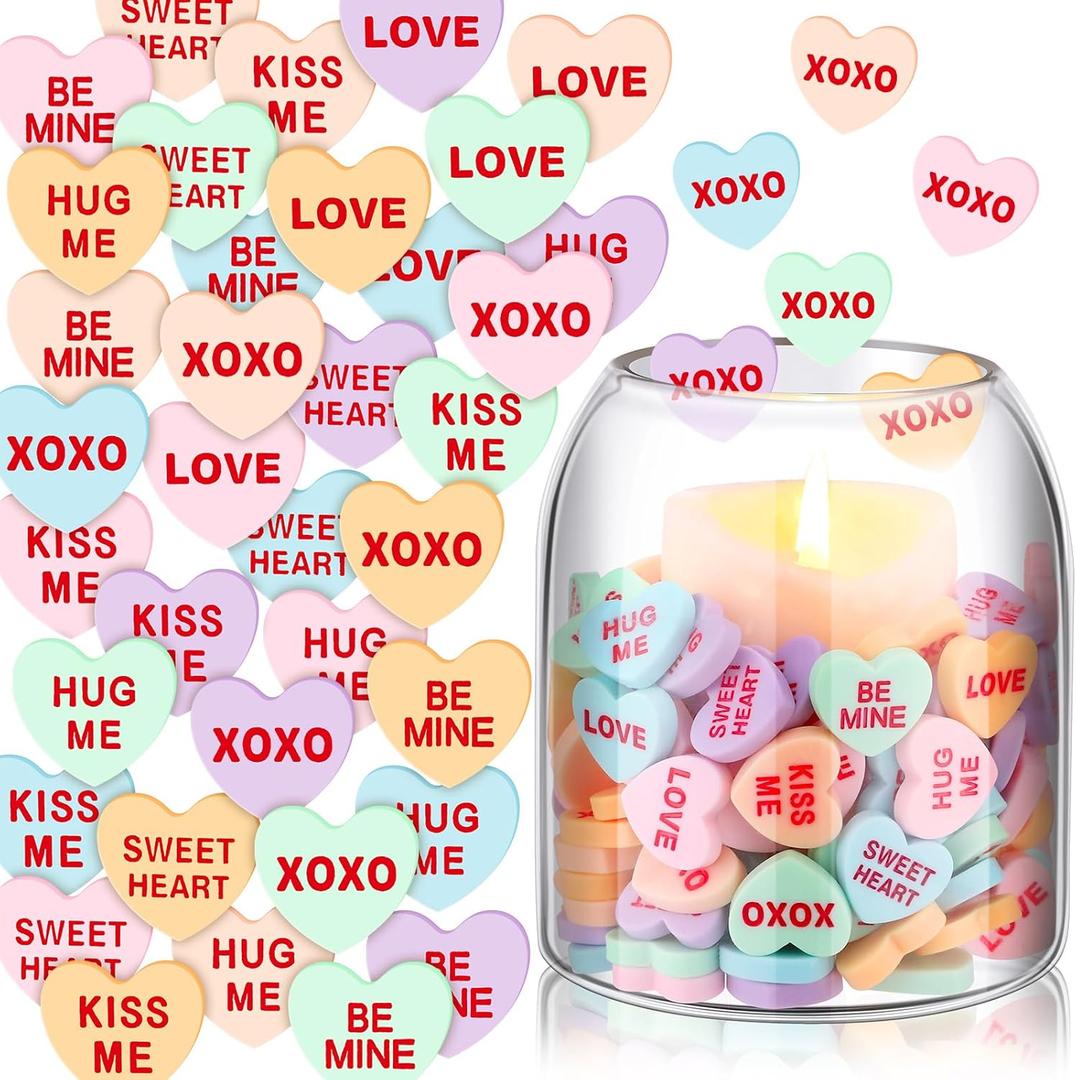 Threehoney 120 Pcs Conversation Hearts Vase Filler Valentine's Day Heart Ornament for Floating Candles Candy Love Centerpiece for Valentine Wedding Home Table Party Decor, No Water Gel, Macaron