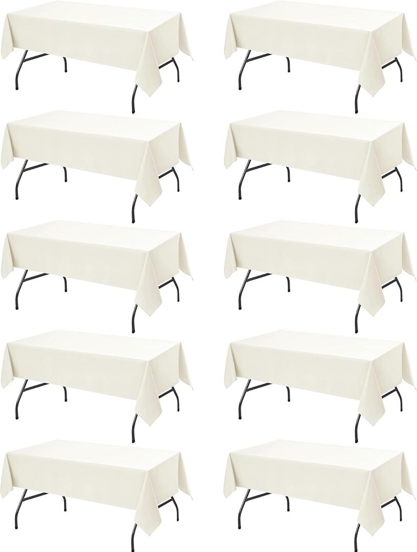 10-Pack Ivory Tablecloths for Rectangle Tables, 60 x 102 Inches, Stain-Resistant Polyester Fabric for 6 Foot Tables - Washable Table Covers for Weddings, Banquets, Birthday Parties, Events