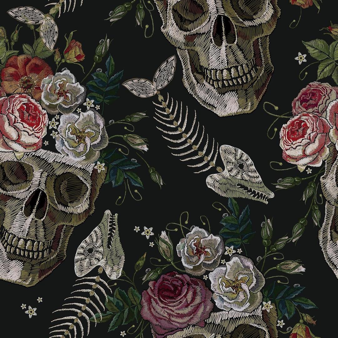 CRE8TIVE Dark Gothic Wallpaper Peel and Stick Floral Skull Wallpaper Removable Embroidery Skulls Fish Bones Rose Floral Contact Paper for Walls 12"x118" Adhesive Renter Friendly Wall Paper for Bedroom