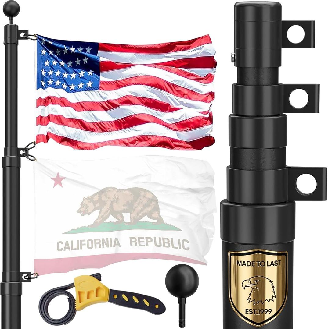 FFILY 11 Gauge Telescoping Flag Pole, 25 FT Heavy Duty Telescopic Flag Pole for Outside House, Outdoor Aluminum In Ground Flagpole Kit with 3x5 American Flag for Residential or Commercial, Black