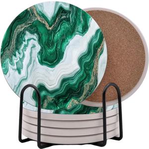 Green Moss White Agate Marble Round Coasters Set of 6 - Abosrbent Ceramic Coasters with Metal Stand for Drinks, Coffee, Non-Slip Cork Back Tabletop Protection, 4 Inches Marbled Pattern (White Green)