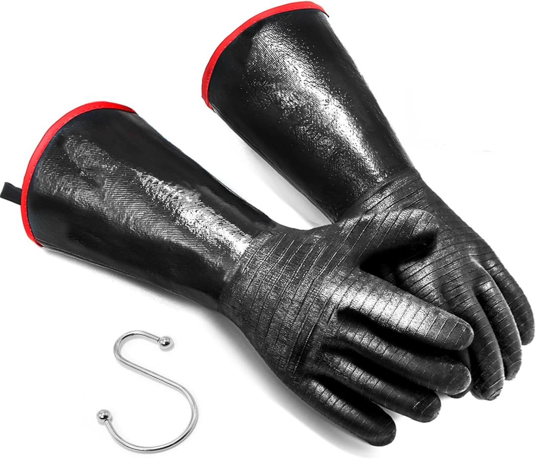 BBQ Gloves - 1472F Thicken Heat Resistant Gloves w/S-Hook 14 in Kitchen Oven Mitts Waterproof Grill Gloves Oil Resistant Grilling Gloves Cooking Gloves for Turkey Fryer/Baking/Oven/Smoker (Black)