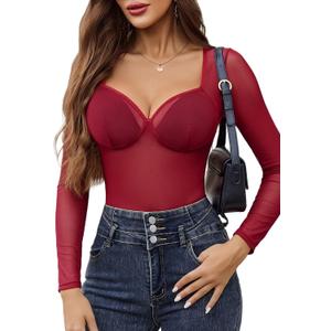 Avidlove Mesh Bodysuits for Women Long Sleeve Body Suits Leopard Print Going Out Tops Sheer Rave Outfits with Snap Crotch (Medium, Wine Red)