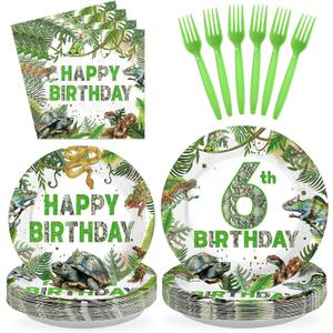 96Pcs Reptile 6th Birthday Party Supplies Lizard Snake Turtle 6th Birthday Party Plates and Napkins Green Reptile 6 Years Old Tableware Set for Tropical Wild Greenery Decoration Favors Serves 24