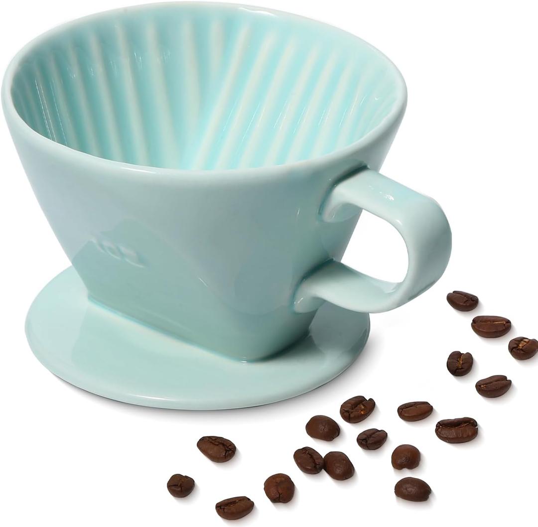 Pour Over Ceramic - Coffee Dripper Ceramic Coffee Maker with 3 Holes Flat Bottom, Porcelain Slow Filter Cone for Travel, Camping, Office, Home, Coffee Maker Brew (Green)