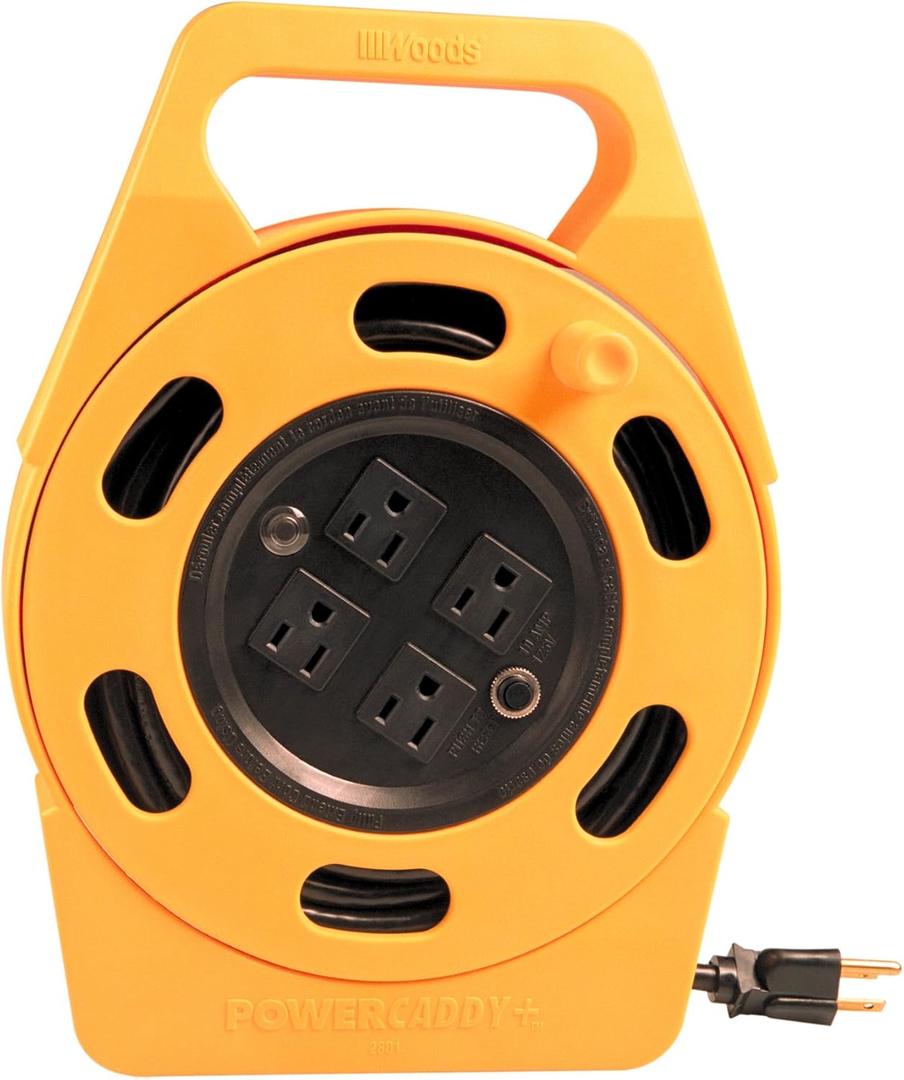 Woods 2801 Extension Reel with Four 3-Prong Power Outlets; Heavy Duty Retractable Cord; User Friendly; Made of Flame Resistant Materials; 10 AMP Circuit Breaker; 25 Foot; Yellow; Orange