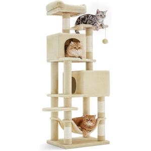 SONGMICS HOME Cat Tree for Indoor Cats, Multi-Level Cat Tower with Sisal Scratching Posts, Hammock and Condo, Beige, 59.6 Inches