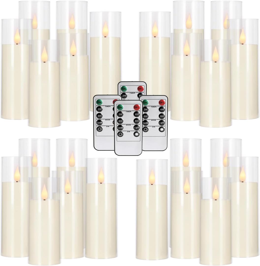 Set of 24 Ivory Acrylic LED Candles, Battery Operated with Remote Control and Timer, Flickering Flameless Candles with for Christmas Wedding Home Party Decor (5" 6" 7" H)