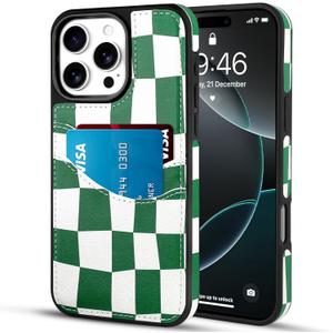 SOKAD Checkered Wallet Case for iPhone 16 Pro with Card Holder, Cute Checkerboard Design for Women Girls, Slim Soft Leather 2 Card Slots Protective Shockproof Phone Case, Green