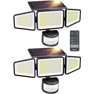 Ensenior Solar Motion Lights Outdoor, 228 LED 3000LM High Brightness Security Lights with Remote Control, IP65 Waterproof 3 Heads Flood Light 4 Modes, 270 Wide Angle Motion Sensor Light, 2 Packs