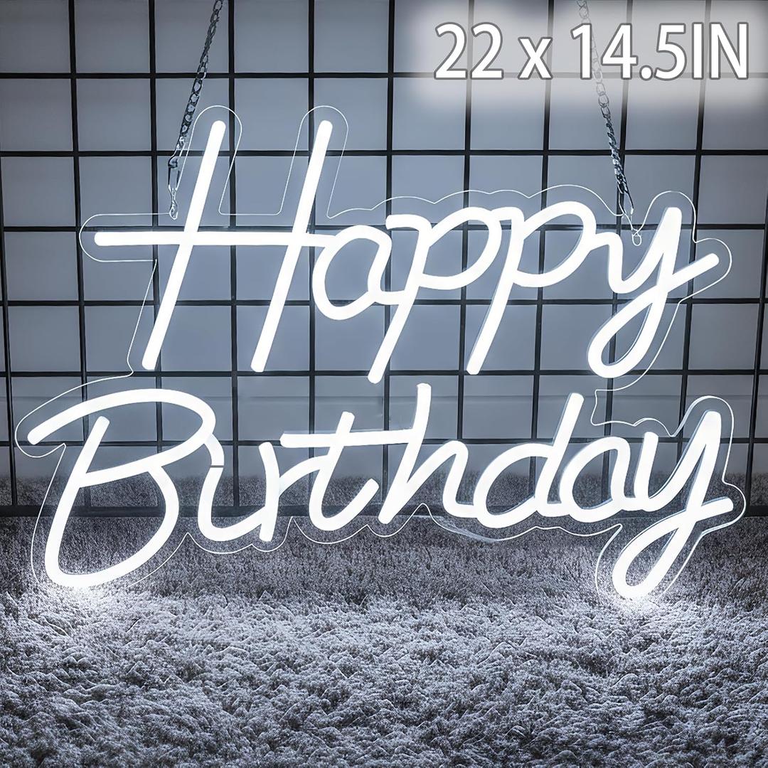 22" x 14.5" Happy Birthday Neon Sign for Backdrop, LED Happy Birthday Light Up Sign, USB Powered Dimmable Neon Light for Birthday Party Decorations, Wall Decor, White