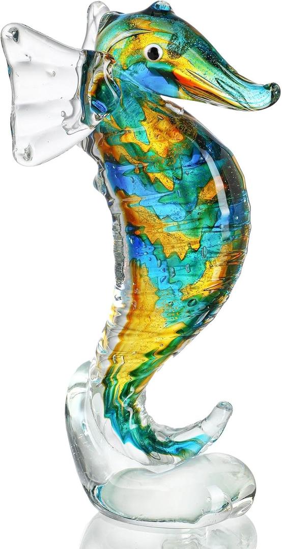 QFkris 8" Handmade Blown Glass Blue Seahorse Figurines Collectible Art Glass Blown Animal Sculpture for Home Decor