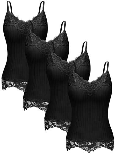 Fourluoo 4 Pcs Women's Long Lace Tank Tops lace Camisole Patchwork Tops for Women (Black,XL)