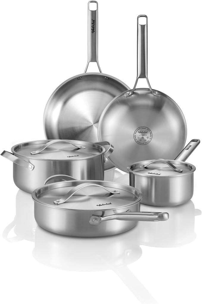 Stainless Steel Cookware Set, 8 Pcs Tir-Ply Pots and Pans Set, PFOA&PTFE Free, Dishwasher&Oven Safe, Kitchen Induction Compatible