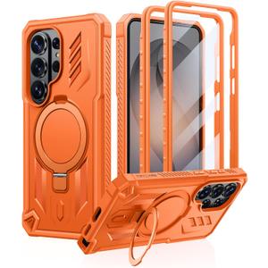 FNTCASE for Samsung Galaxy S26-Ultra Case: Magnetic Phone Cases with [Ring Kickstand] [2 Front Frames] [Built-in Screen Protector] [Heavy Duty Military Grade Protection] Drop Proof TPU Cover Orange