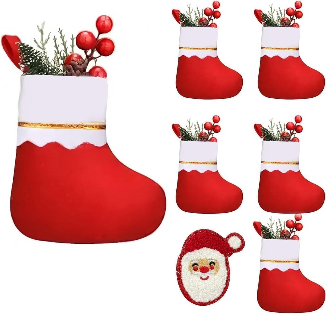 Christmas Stockings Mini Set of 6, 8.3 Red Christmas Stocking Luxury Classic Hanging Ornament Decorations for Xmas Decoration, Fireplace Hanging Christmas Decorations