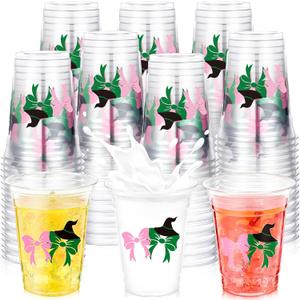 Chuangdi 50 Pcs 12 oz Princess and Witch Cups Pink and Green Disposable Witch Hat and Bows Plastic Cups for Musical Theatre Witch Themed Birthday Party Decoration