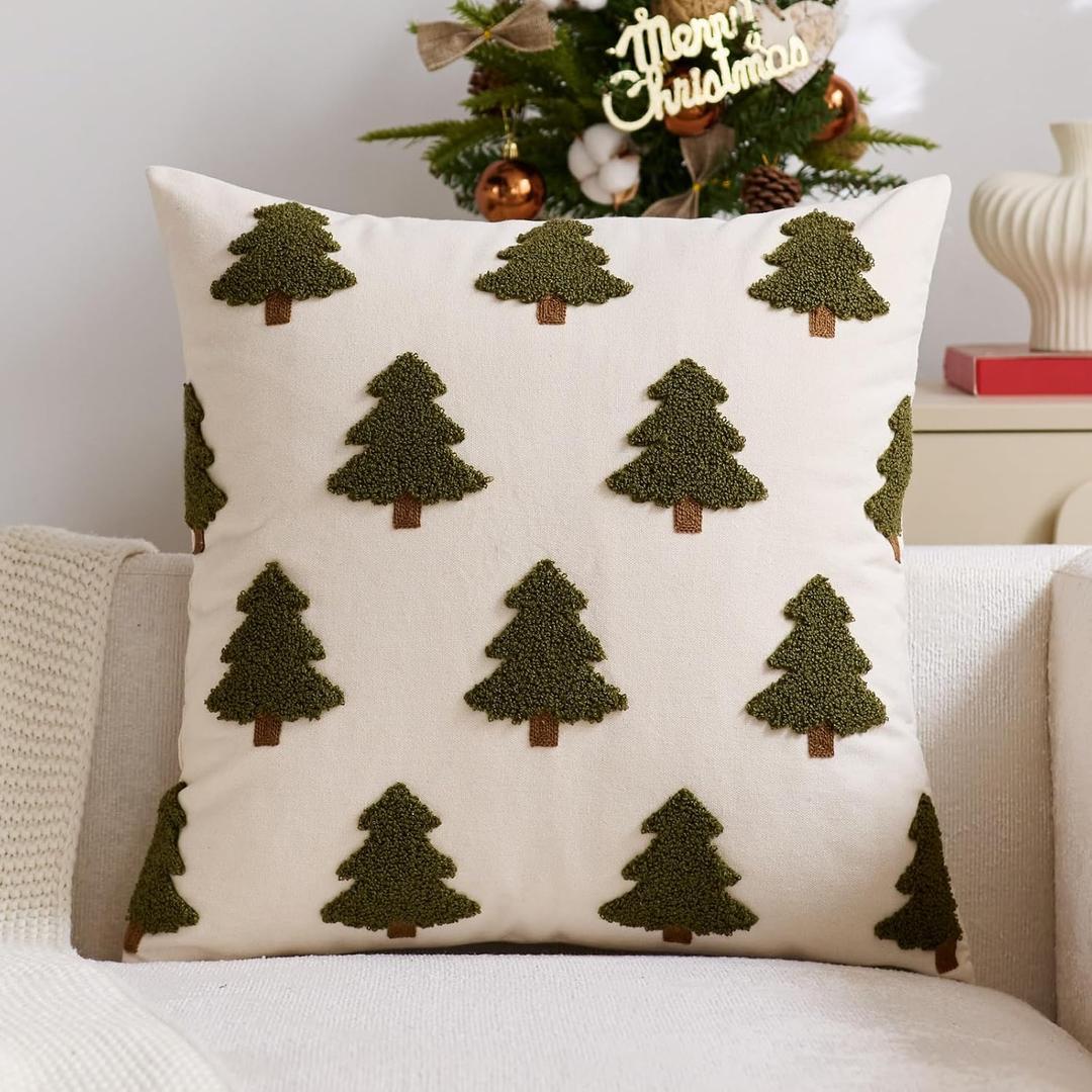 Christmas Pillow Covers 18 x 18 Inch Embroidery Green Trees Decorative Throw Pillow Covers Xmas Winter Holiday Decor for Sofa Couch Bed Living Room Beige