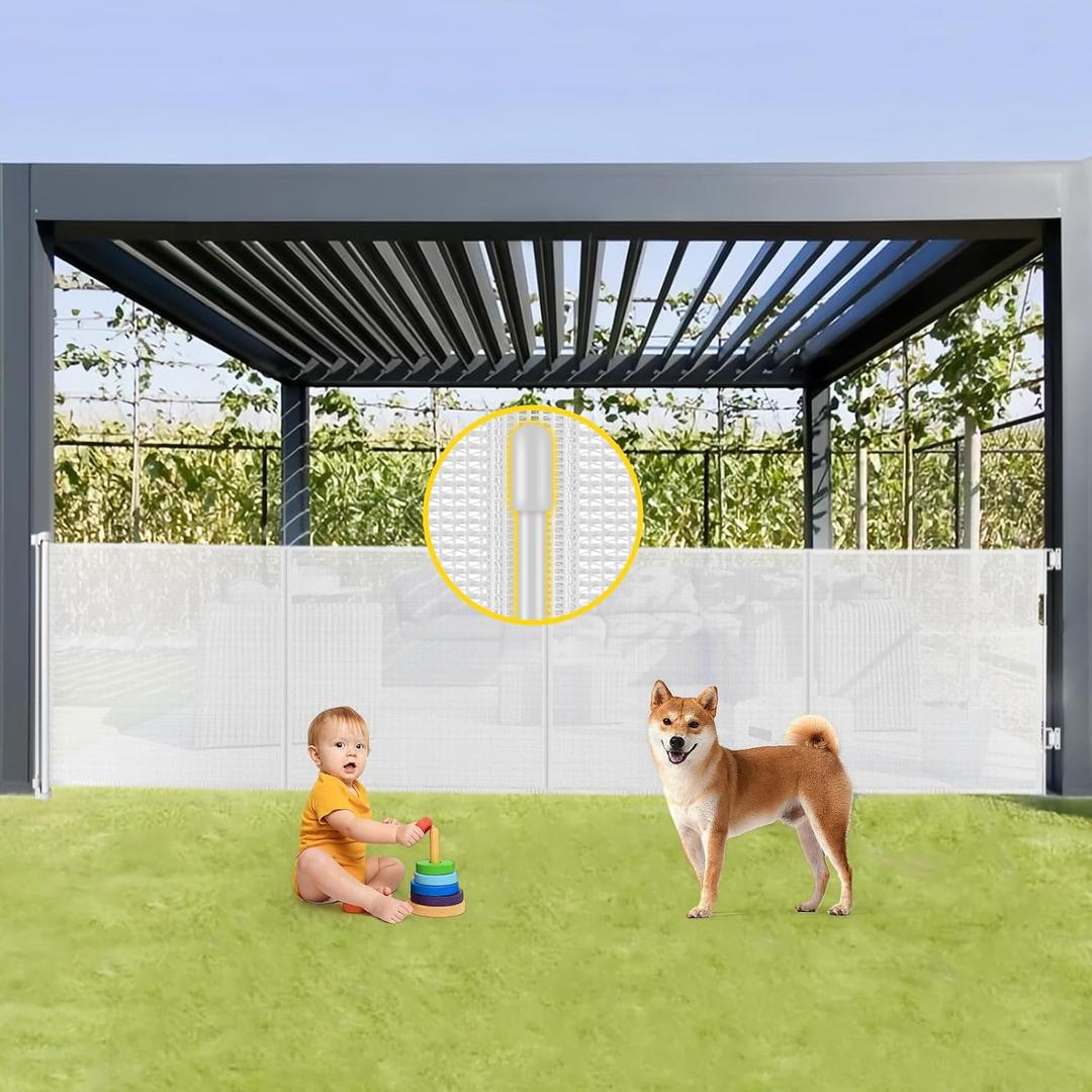 Reinforced 42 Tall x 160 Extra Wide Retractable Baby Gates with Support Rods, Extra Tall Baby Gate for Wide Openings, Pet Gates for Dogs Extra Wide Dog Gates for Doorways Indoor Outdoor, White