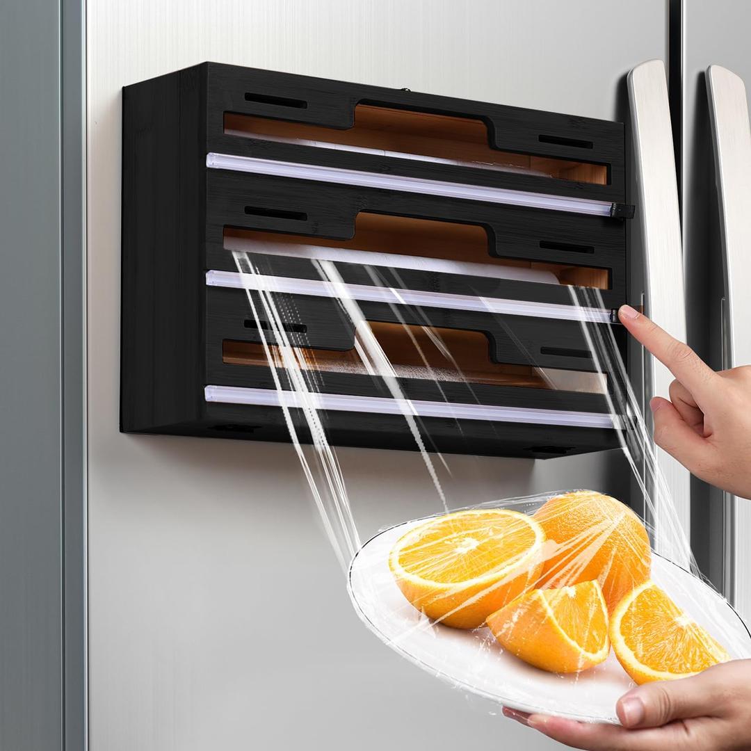 Allinside Magnetic Plastic Wrap Dispenser with Cutter, 3 in 1 Refrigerator Bamboo Wood Organizer for Tin Foil, Baking, Wax Paper Holder Kitchen Storage Box Compatible with 12.9" Roll, Black (3 Layer)