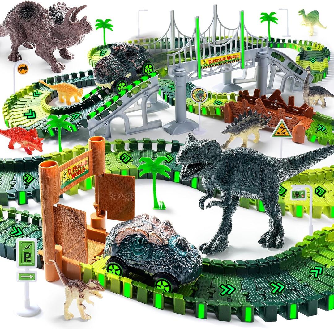 268 PCS Race Tracks Dinosaur Toys for Kids 3-5, Glow in The Dark Magic Toy Set, 2 Dinosaur Cars Track, Flexible DIY Track Set, Birthday Gift for Age 3-9 Boys Toddler Girls